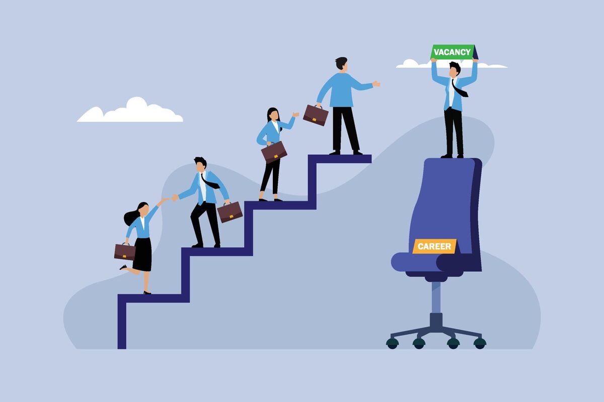 Job seekers climbing a staircase toward an open career vacancy